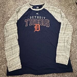 Majestic Navy Baseball Raglan Tee with Heather Gray Sleeves